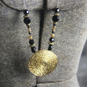 Signed Bergere Pendant Necklace, Gold Textured Medallion and Black Gold Beads